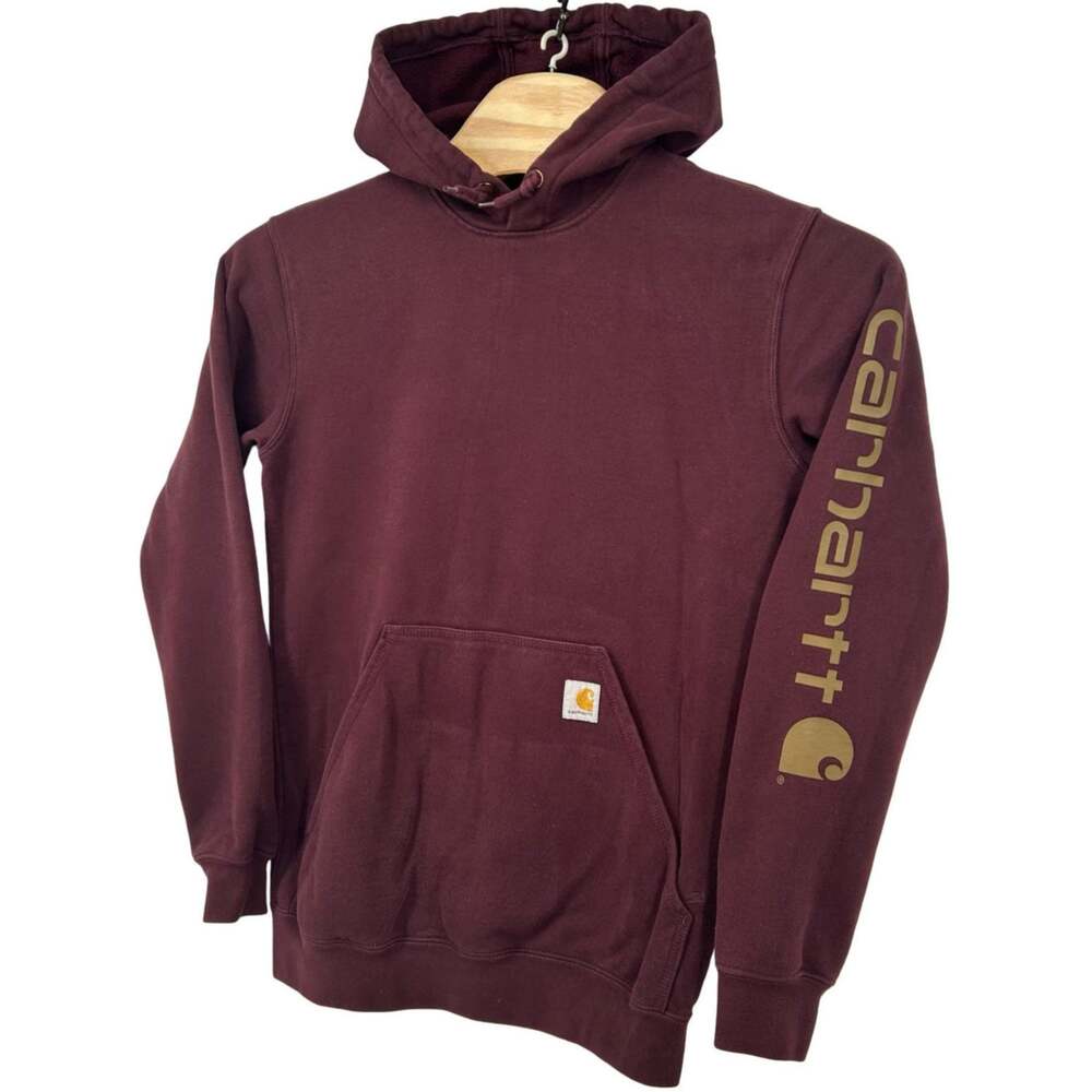 Men's Maroon Port Red Carhartt Iconic K288 Logo Loose Fit Hoodie Sweatshirt Sz S